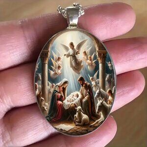 Silver Oval Shaped NATIVITY SCENE Christmas Pendant Necklace